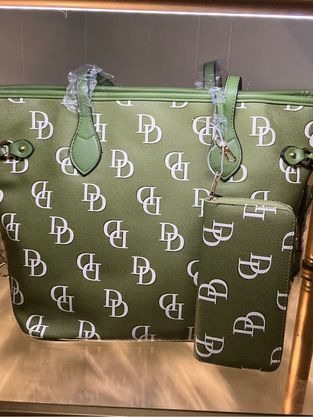 Fashion Monogram Green Tote Bag with Matching Wallet